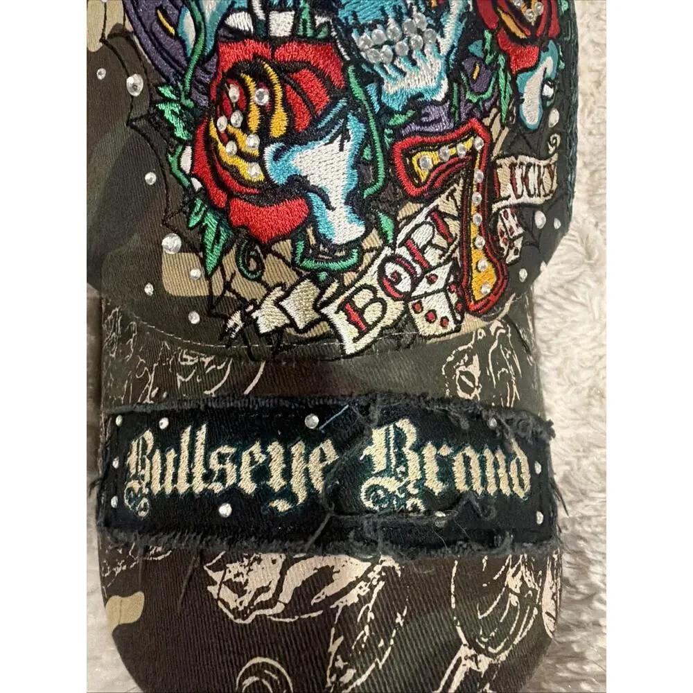 Bullseye Brand Camo Skull Roses Born Lucky Embroidered Hat Rhinestone Biker Y2K
